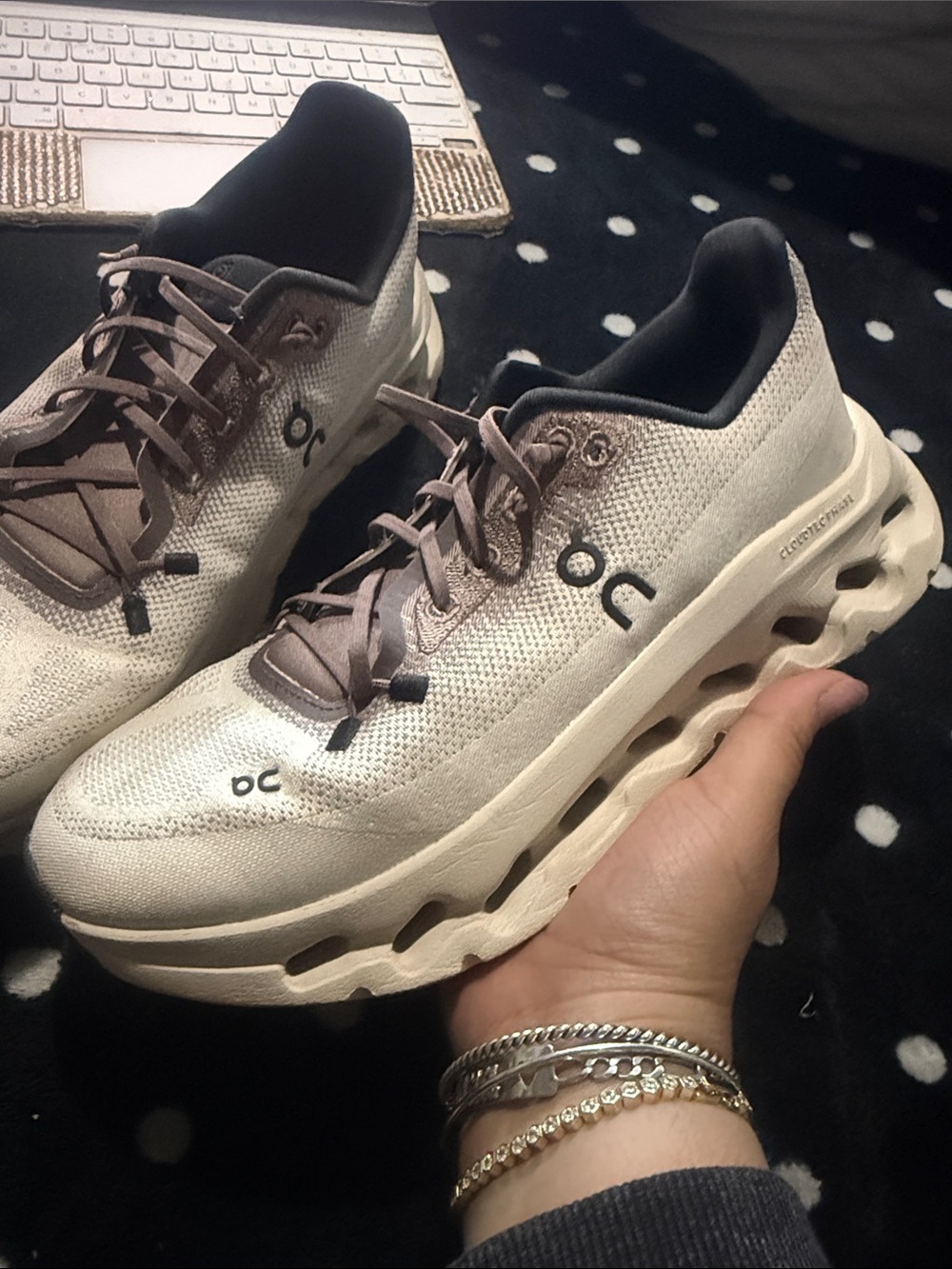On Running Women's Cloudmonster Sneakers in Beige and Black
